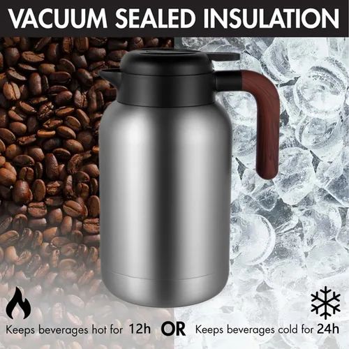 Vista 6 de Luvan Sus316 - Jarra térmica de café de 68 onzas, 2 L, jarra de café al vacío de doble pared, cafetera con tapa y agarre de madera maciza