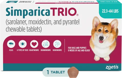 Vista 20 de Simparica Trio (sarolaner, moxidectina y tabletas masticables de pirantel) masticables para perros, 6 mg/tab, 5.6-11 libras, (púrpura), 1 tableta