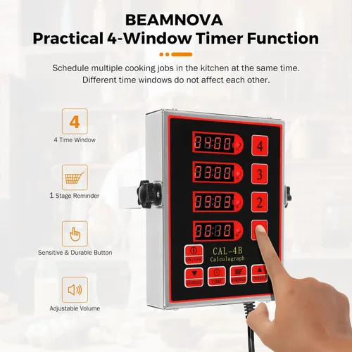 Vista 2 de BEAMNOVA Temporizador digital de cocina de 4 canales con alarma ajustable fuerte, temporizador de cocina comercial de acero inoxidable