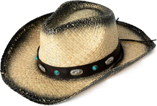Vista 6 de Comhats Sombrero de paja de vaquero redondo de estilo occidental para mujer, cordón de barbilla Fedora de cuero vegano, ala moldeable, vaquera