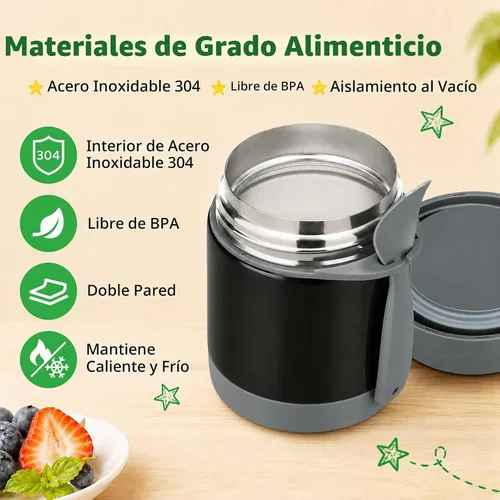 Vista 3 de Termo de sopa de 10 onzas para comida caliente para niños, tarro de comida aislado, contenedor térmico de almuerzo de comida caliente, caja de Negro
