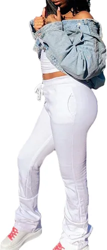 Vista 2 de Nituyy Pantalones deportivos de cintura elástica para mujer, pantalones casuales fruncidos con bolsillos y parte inferior apilada