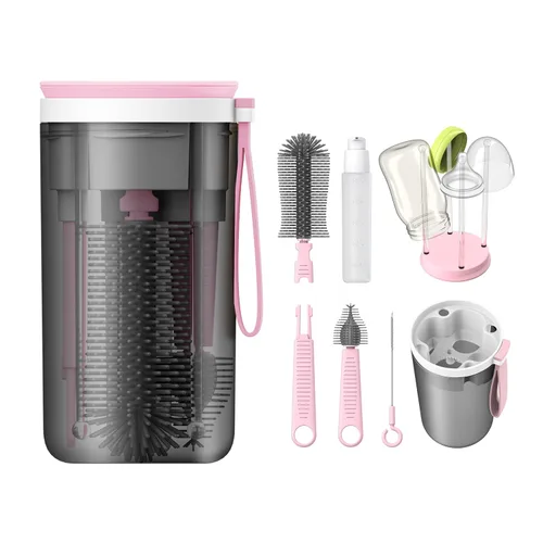 Vista 8 de YOTIME Kit limpiador de botellas de viaje 6 en 1 con estante de secado de Azul