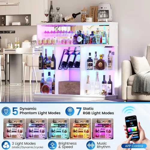 Vista 3 de 47" Coffee Bar Cabinet with RGB LED Lights and Wine Storage White