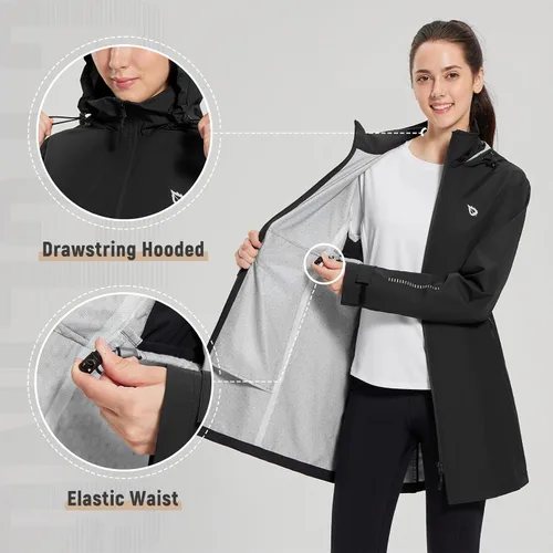 Vista 3 de baleaf Abrigo de lluvia largo para mujer, chaqueta de ciclismo plegable, impermeable, cortavientos, ligera, con capucha
