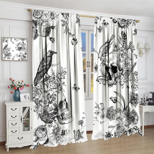 Vista 10 de Cortinas góticas de bosque de cuervos, para Halloween, espeluznante, negro, cuervo negro, alas oscuras, suspenso, bolsillo para barra, cortinas
