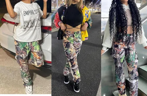 Vista 4 de Vakkest Pantalones cargo de camuflaje de gran tamaño para mujer, pantalones deportivos de entrenamiento, camuflaje militar, fatiga con bolsillos