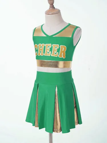 Vista 4 de FEESHOW Disfraz de líder de animadora para niñas, uniforme de animadora, camiseta sin mangas con falda plisada