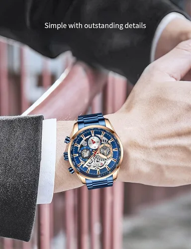 Vista 5 de FANMIS Relojes de lujo para hombre, reloj de pulsera analógico de cuarzo de acero inoxidable impermeable