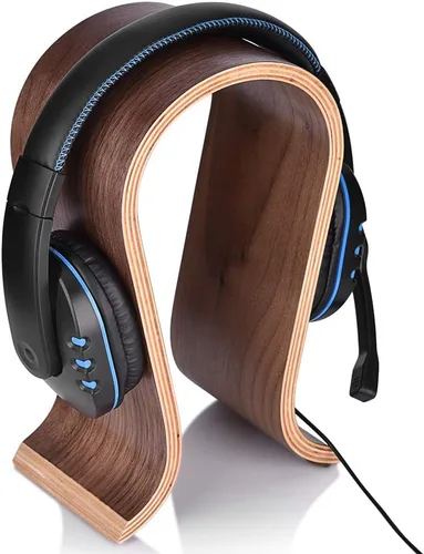 Vista 2 de Percha para auriculares, soporte de madera en forma de U, soporte para auriculares de madera, estante de exhibición de escritorio, soporte