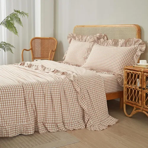 Vista 14 de LifeTB Gingham Ruffle Twin Sheets Set Soft Microfiber Blue Plaid Bed Sheets Volante - Azul Gingham