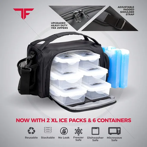 Vista 4 de ThinkFit Lonchera térmica para comida preparada con 6 contenedores para porciones de alimentos sin BPA, reutilizables, aptos para microondas