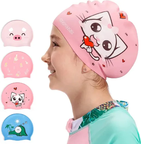 Vista 9 de COPOZZ Gorros de natación para niños, de silicona, impermeable, cómodo, gorro de natación para cabello largo y corto Delfín azul-5-12 años