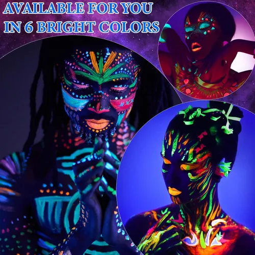 Vista 5 de 12 piezas de pintura corporal que brilla en la oscuridad, juego de maquillaje de luz negra fluorescente neón, juego de pintura facial