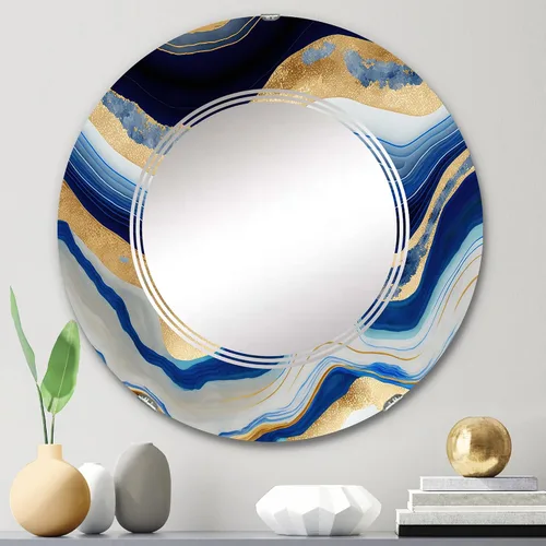 Vista 2 de DesignQ Modern wall mirror, Oval Modern mirror, Round Blue bathroom mirror, Abstract Transitional vanity mirror Flowing Vibrant Blue and Gold Art IV