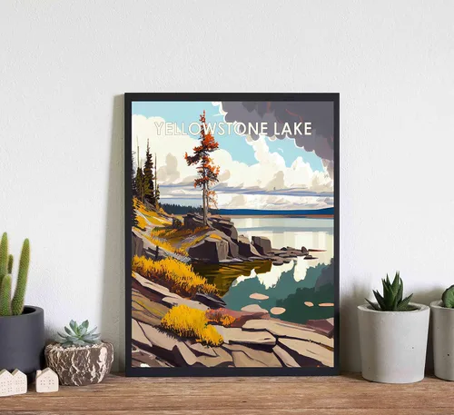 Vista 5 de Yellowstone Lake - Póster impreso artístico, ilustración, arte de pared, decoración de paisaje retro, paisaje, obra de arte para decoración de Lago