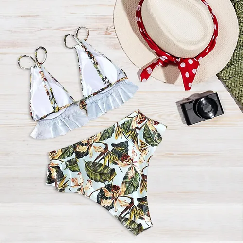 Vista 6 de HUBORLOVES Traje de baño de cintura alta para mujer dos piezas con volantes y cuello en V bikini forro polar verde con licencia oficial de star wars