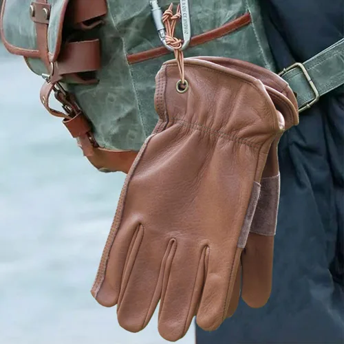 Vista 4 de Guantes de trabajo de cuero de vaca marrón retro para construcción, jardinería y trabajo en el jardín con palma reforzada para hombres y mujeres