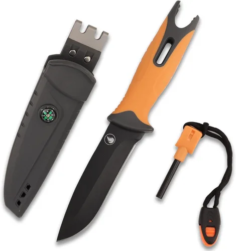 Vista 9 de Cuchillo de caza de hoja fija, hoja de acero inoxidable, cuchillo de hoja fija con funda, arrancador de fuego, sacapuntas, silbato y brújula