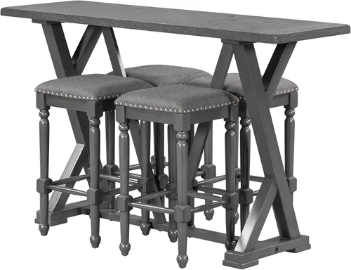 Vista 5 de Mid-Century - Juego de comedor de 5 piezas, altura de mostrador, mesa consola de madera con patas de caballete y 4 taburetes para lugares pequeños