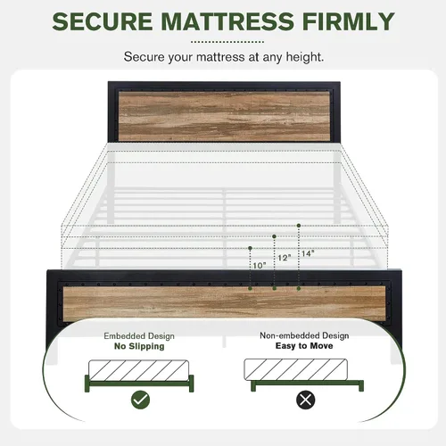 Vista 6 de MUTICOR Base de cama matrimonial con cabecera de madera, plataforma de estilo industrial con decoración de remaches y diseño esmerilado, base