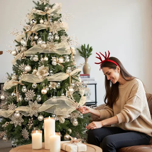 Vista 4 de Juego de 109 adornos para árbol de Navidad, adornos de bolas de Navidad Champán