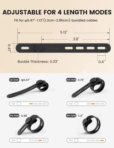 Vista 6 de Lamicall - Paquete de 10 bridas de silicona para cables, organizador de cables reutilizable duradero con hebilla de bloqueo, correas elásticas