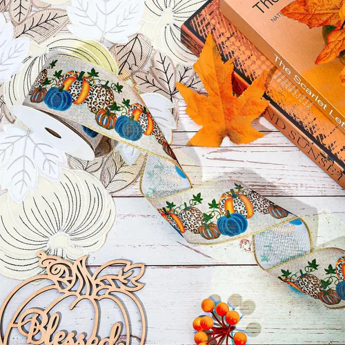 Vista 5 de Whaline Cinta de tela de calabaza de otoño con borde con alambre, cinta de tela de calabaza azul, cintas vintage para envolver para cosecha