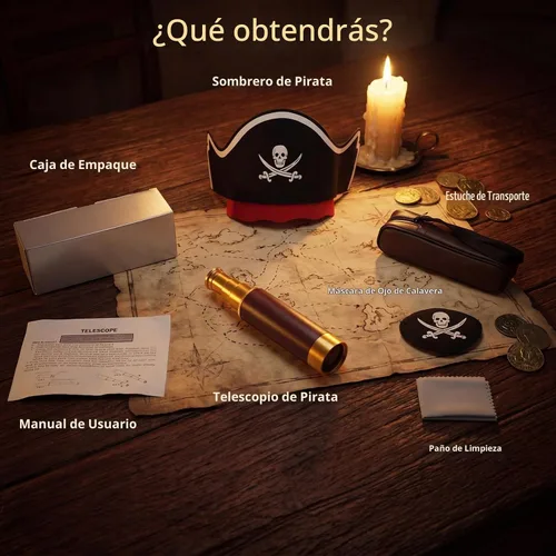 Vista 4 de 25X30 Telescopio pirata Spyglass con sombrero y máscara de ojos