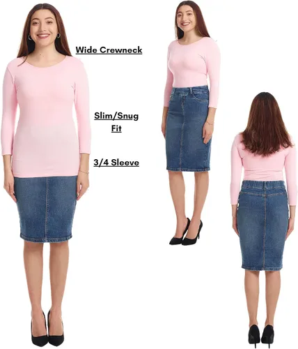 Vista 3 de ESTEEZ Camiseta de algodón de manga 34 para mujer, ajuste ceñido, camiseta de cuello ancho para mujer
