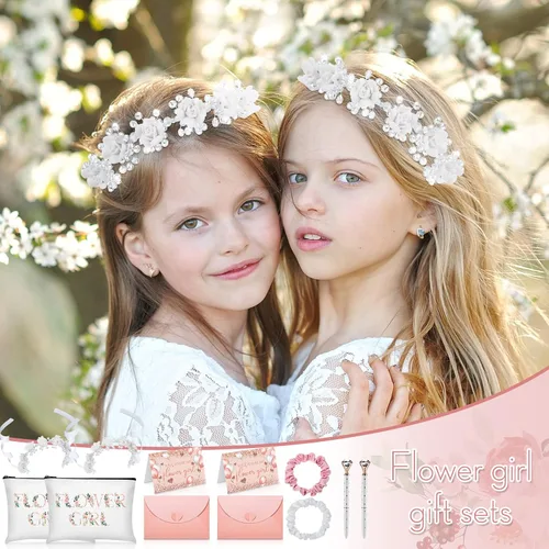 Vista 7 de Eccliy Juego de 12 piezas de regalo de propuesta de niña de las flores, bolsa de cosméticos, tocado de niña de las flores, scrunchies de satén