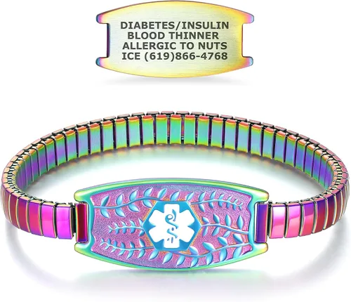 Vista 13 de Pulsera de Alerta Médica Elástica Oliva Divoti – Etiqueta de ID de Acero Inoxidable Grabada Personalizada – Hipoalergénica, Sin Cierre