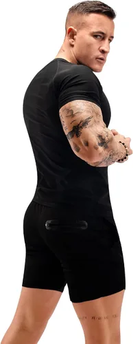 Vista 4 de FUXERT - Camisa de sauna para hombre, traje de sudor para gimnasio, ejercicio, camisa de compresión, ropa de entrenamiento moldeadora Negro/Dorado