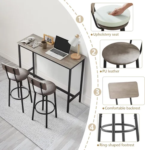 Vista 4 de Juego de mesa de bar y 2 sillas, 3 piezas para espacios pequeños, mesa de comedor rectangular para 2 mesas de bar de altura de mostrador con 2 Gris