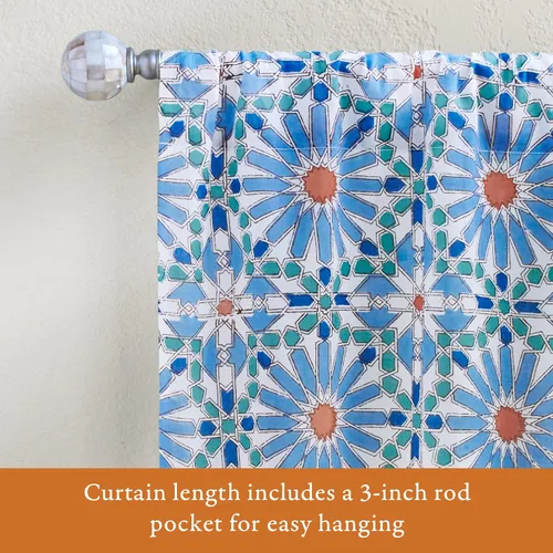 Vista 4 de Saffron Marigold Cortina de cenefa impresa a mano con ribete de cuentas, mosaique azul cielo principal, perfecta para cocina, dormitorio, baño