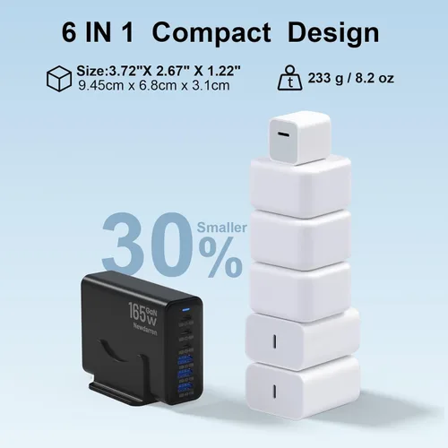 Vista 5 de Estación de carga USB C GaN de 165 W, cargador de escritorio de 6 puertos con carga rápida USB-C de 40 W, concentrador de carga multipuerto
