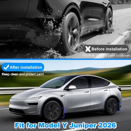 Vista 2 de Aletas de barro para Tesla Modelo Y Juniper Accesorios 2026 2025 Versión OEM Protectores de salpicaduras delanteros y traseros para todo