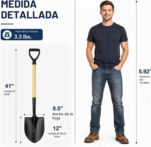 Vista 6 de Pala para excavar, pala redonda, herramienta de jardín con mango en D, 41 pulgadas de longitud total, pala de jardín de madera Handel, pala