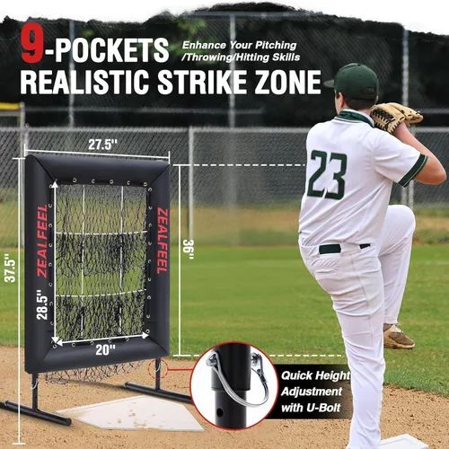 Vista 2 de ZEALFEEL Baseball Pitching Net, 9-Hole Pitching Target with Strike Zone, 5-Level Adjustable Baseball Softball Training Net, Heavy Duty Practice Net