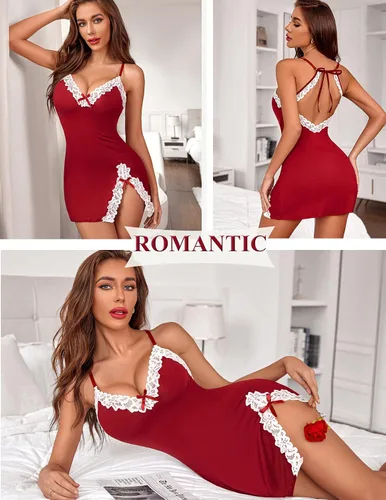 Vista 2 de Avidlove Lencería sexy de encaje para mujer, cuello en V, camisón de algodón para mujer
