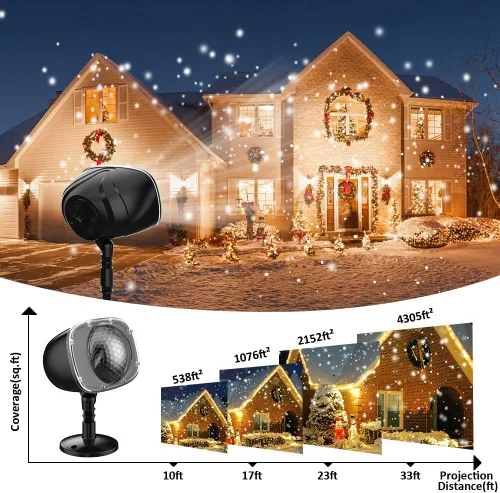 Vista 4 de Proyector de luces de nevada navideña, luces de proyector festivas impermeables con copos de nieve, reflector de paisaje con control remoto