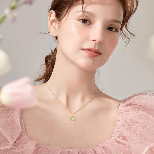 Vista 5 de Collar con colgante de loto de oro amarillo de 14 quilates, collar con colgante de loto de piedra lunar de oro sólido, joyería de loto para mujer