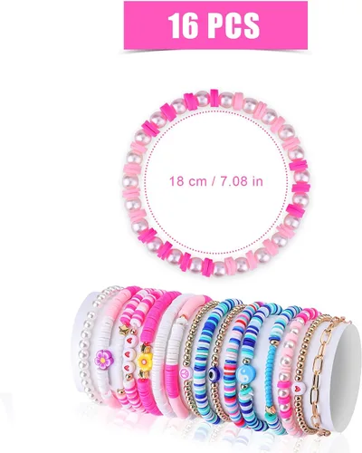 Vista 2 de 16 pulseras Preppy, coloridas pulseras de joyería Heishi Y2K para niñas, estéticas, bohemias, con cuentas, elásticas, de verano, playa, joyería