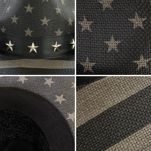 Vista 7 de Sombrero de vaquero de paja de Estados Unidos para hombres y mujeres, aspecto vintage, sombrero de vaquera para fiesta de disfraces (tamaño adulto)