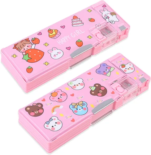 Vista 7 de Paquete de 2: estuche multifunción desplegable para niñas y niños, lindo organizador de dibujos animados con sacapuntas, horario, el mejor regalo