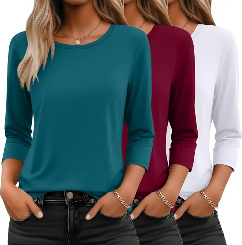 Vista 17 de Ficerd Paquete de 3 camisetas de manga 3/4 para mujer, cuello redondo, camisetas básicas elegantes, casuales, modernas, holgadas