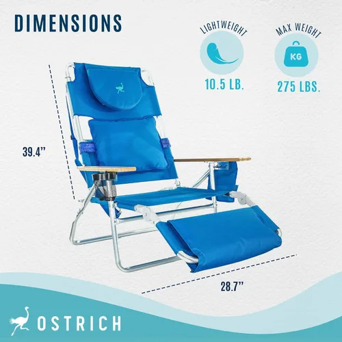 Vista 3 de Ostrich Silla de playa reclinable 3-N-1 de lujo acolchada para exteriores, color azul (paquete de 2)