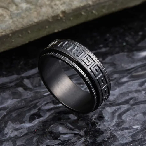 Vista 3 de King Will 8mm BlackSilver Spinner Stainless Steel Ring Fidget Ring Anxiety Ring for Men Brushed Greek KeyViking PatternRoman NumeralsHammered