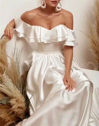 Vista 2 de Vestidos de dama de honor con hombros descubiertos y manga corta, satén hasta el suelo, vestidos de fiesta formales