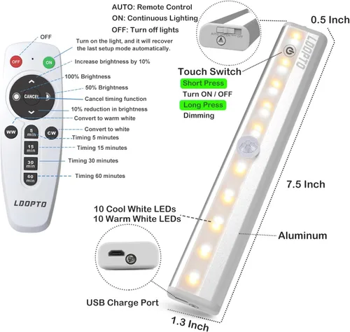 Vista 6 de LDOPTO - Luces para debajo del gabinete inalámbricas, paquete de 4 unidades, luces recargables accionadas a pila con control remoto, luces LED